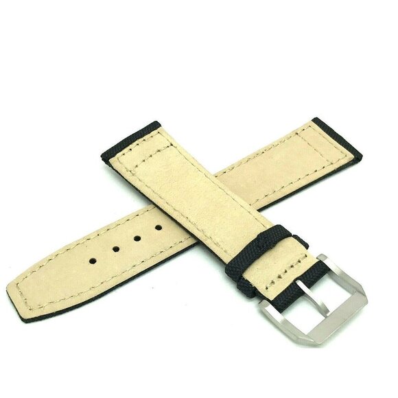 Men's Watch Band Replacement Black Leather Canvas Strap 22mm Lug 7.5'' - Picture 2 of 7